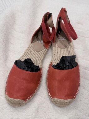 Eileen Fisher Coral Leather Espadrille Flats with Ankle Strap
